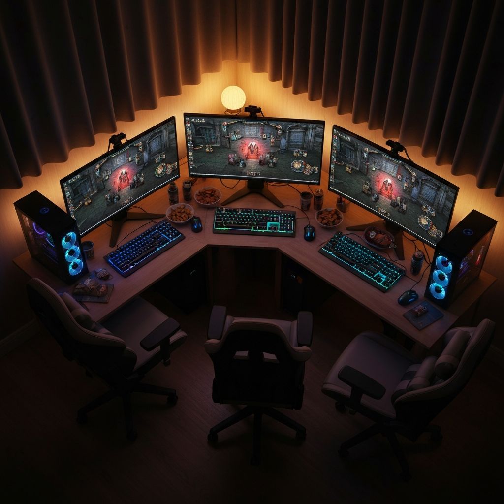 Trois setups gaming cote a cote dans une piece chaleureuse